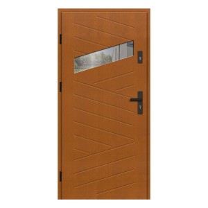 Nowoczesne drzwi zewnętrzne w kolorze drewna z oknem i klamką.