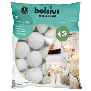Opakowanie 20 białych pływających świec Bolsius Professional, czas palenia 4,5 godziny.