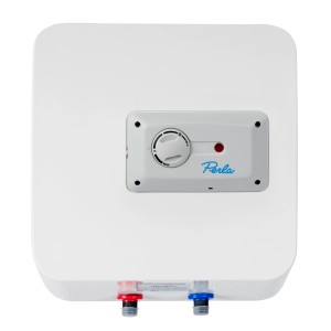 Biały bojler z regulacją temperatury i przyłączami ciepłej i zimnej wody.