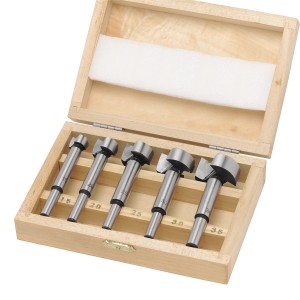 5-częściowy zestaw wierteł Forstnera (15-35 mm) w drewnianym pudełku do precyzyjnego wiercenia w drewnie.