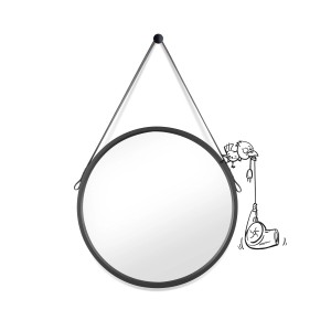 Okrągłe lustro, Ø 50 cm, czarna rama z paskiem skórzanym. Dekoracyjny design.