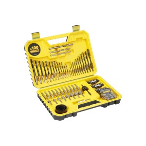 Żółty zestaw wierteł t.b.t. z różnymi wiertłami i bitami w otwartym pudełku.