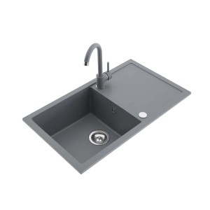 Szary zlewozmywak granitowy t.b.t. z baterią i ociekaczem.