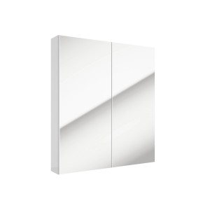 Biała szafka z lustrem t.b.t. z dwoma drzwiami do łazienki.