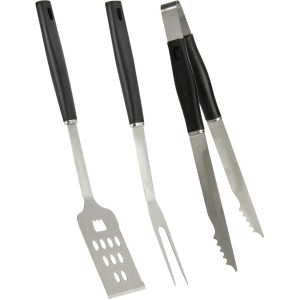 Zestaw akcesoriów do grilla: łopatka, widelec i szczypce z czarnymi uchwytami.