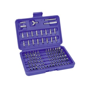 100-częściowy zestaw bitów zabezpieczających w niebieskiej walizce, różne rozmiary i kształty.