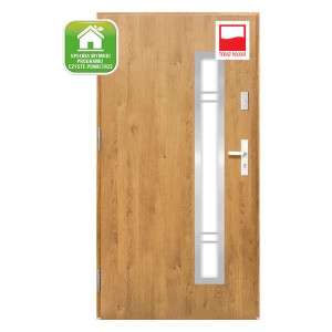 Drewniane drzwi zewnętrzne z szybą. Drzwi wejściowe do domu.