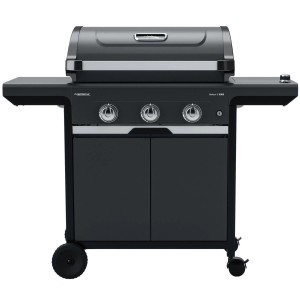 Czarny grill gazowy z trzema palnikami i półkami bocznymi.