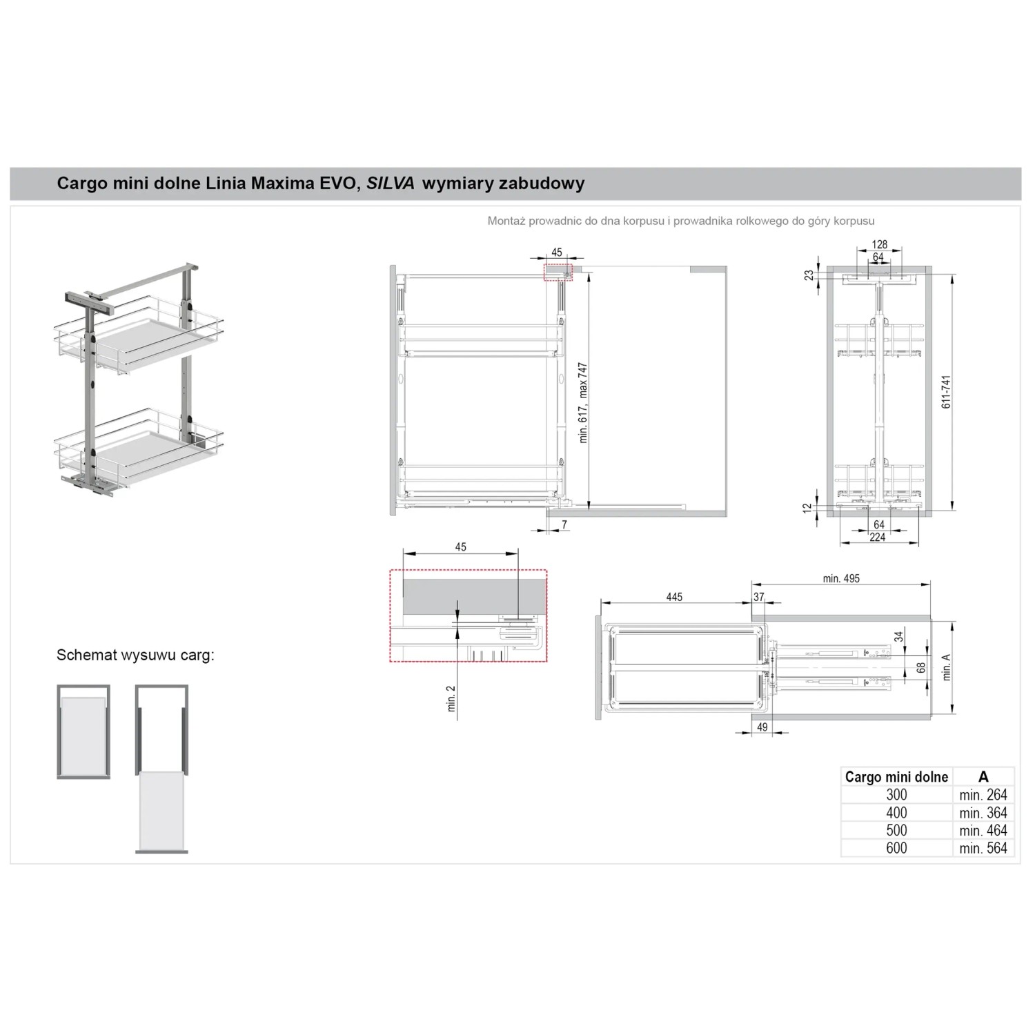 Rysunek techniczny: system organizacji kuchni t.b.t. z wymiarami.
