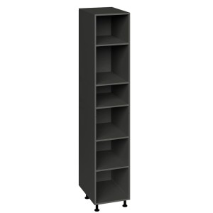 Wąska, szara szafka wysoka t.b.t. z sześcioma otwartymi przegródkami do przechowywania.