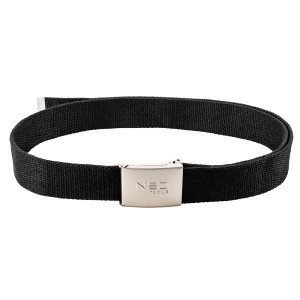 Czarny pasek tekstylny t.b.t. do odzieży roboczej ze srebrną metalową klamrą.