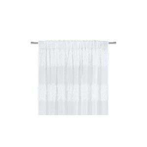 Biała, przezroczysta zasłona z dekoracyjnymi frędzlami do salonu.