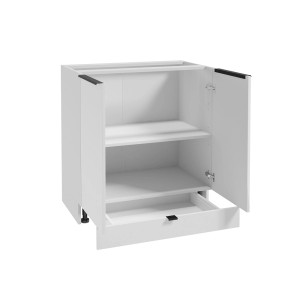 Biała szafka dolna kuchenna z szufladą i dwiema półkami, część zestawu mebli kuchennych.