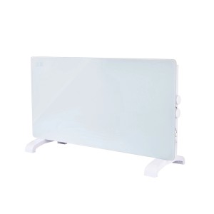 Biały grzejnik elektryczny t.b.t. ze stojakiem.