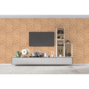 Salon z tapetą imitującą cegłę. Dekoracyjna tapeta ścienna o wyglądzie kamienia.