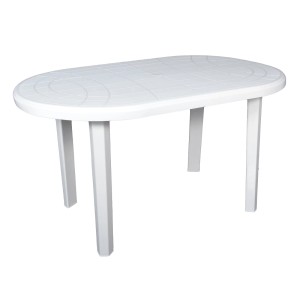 Biały, owalny stół ogrodowy z tworzywa sztucznego.