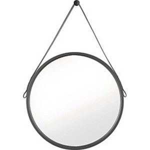 Okrągłe lustro z czarną ramą i zawieszką.