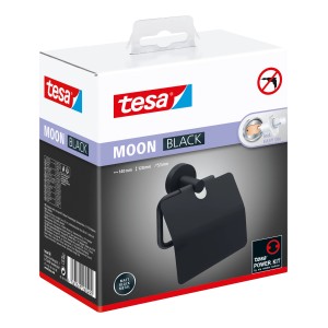 Opakowanie czarnego uchwytu na papier toaletowy Tesa Moon z pokrywką. Montaż na ścianie bez wiercenia.