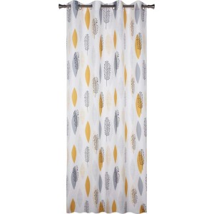 Dekoracyjna zasłona z żółtymi i szarymi motywami liści do salonu.