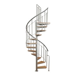 Wolnostojące schody spiralne z drewnianymi stopniami i srebrną balustradą.