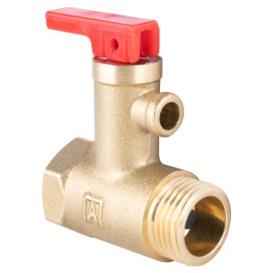 Mosiężny zawór spustowy z czerwonym uchwytem do rur wodnych.