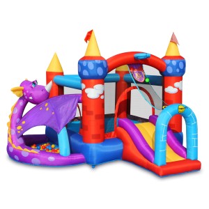 Nadmuchiwany zamek dmuchany ze smokiem i zjeżdżalnią dla dzieci, idealny do ogrodu.