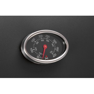 Zbliżenie termometru grilla t.b.t.. Wyświetlanie temperatury w stopniach Celsjusza i Fahrenheita.