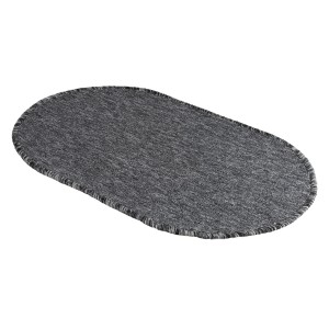 Owalny, szary dywanik łazienkowy z melanżową powierzchnią i ciemnym obramowaniem.