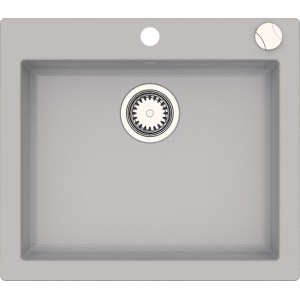 Szary zlewozmywak granitowy t.b.t. z armaturą odpływową i pokrętłem.