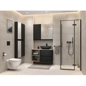 Nowoczesna łazienka z szafką umywalkową, czarną umywalką nablatową i prysznicem.