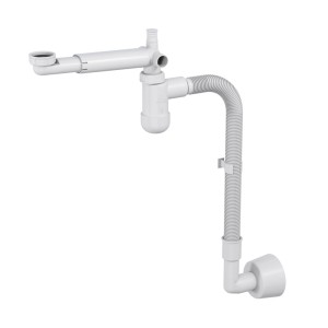 Biały syfon umywalkowy, elastyczny z przyłączem ściennym.