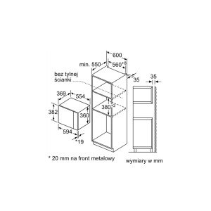 Rysunek techniczny kuchenki mikrofalowej z szafką do zabudowy i wymiarami.
