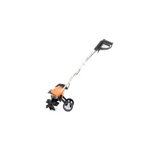 Glebogryzarka elektryczna t.b.t. z pomarańczową obudową i kołami.