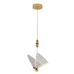 Nowoczesna lampa wisząca LED w kształcie motyla, w kolorze złotym.