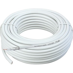 Zwinięty biały kabel koncentryczny Schwaiger, długość 50 m, z widocznym przekrojem kabla.