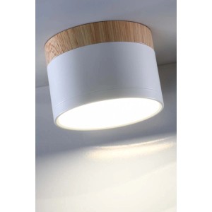 Lampa sufitowa t.b.t., biała z efektem drewna, do użytku wewnętrznego.