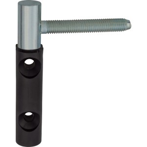 Okucie meblowe t.b.t. ze sworzniem gwintowanym i czarnym cylindrem.