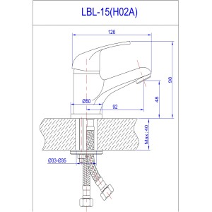 Rysunek techniczny: t.b.t. bateria umywalkowa z wymiarami.