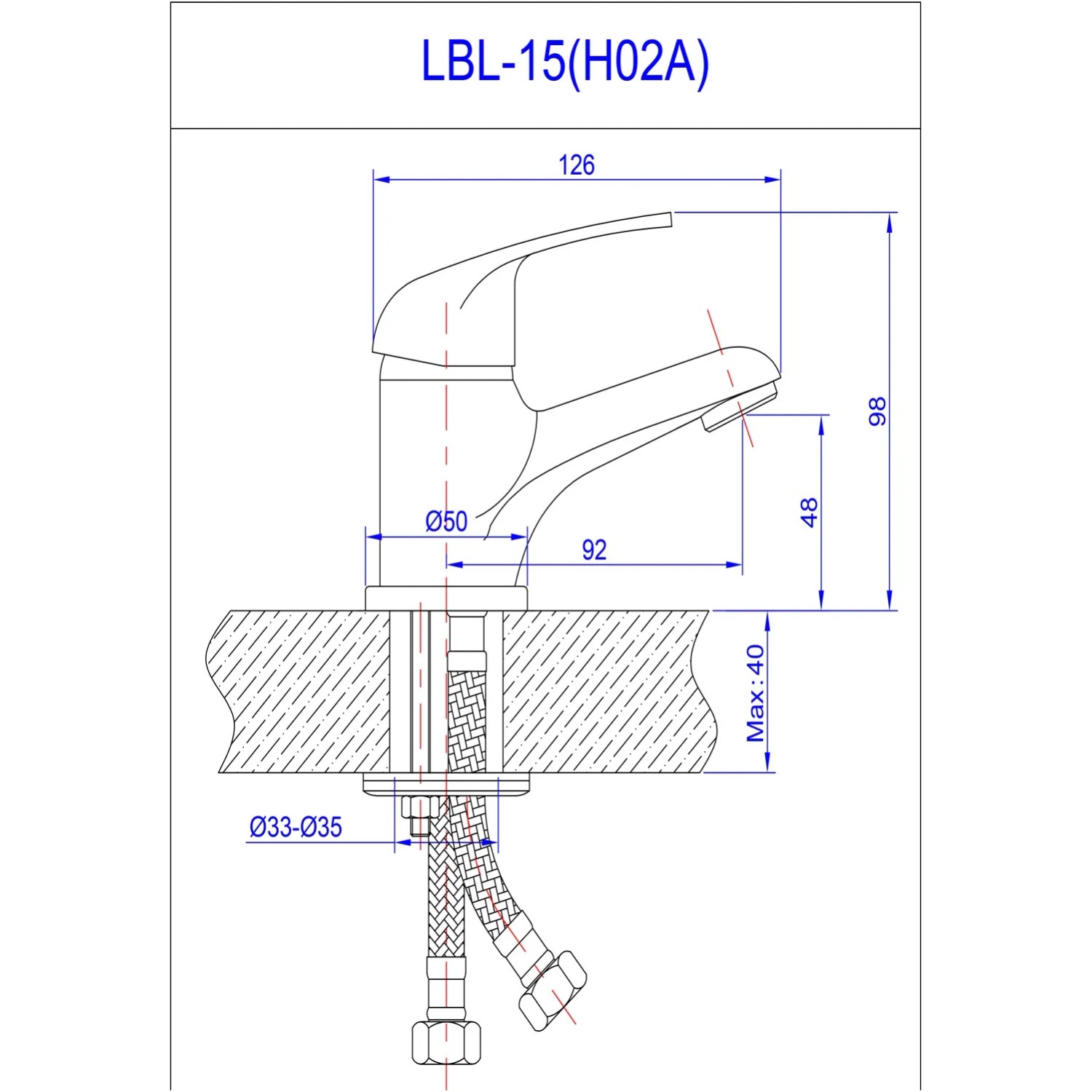 Rysunek techniczny: t.b.t. bateria umywalkowa z wymiarami.