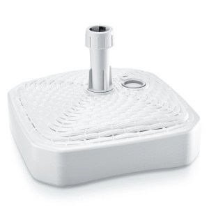 Biała podstawa parasola t.b.t. do parasoli przeciwsłonecznych, kwadratowa z wzorem rattanu.