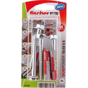 Kołki Fischer Duopower 10x50 S K, zestaw ze śrubami, odpowiednie do różnych materiałów budowlanych.