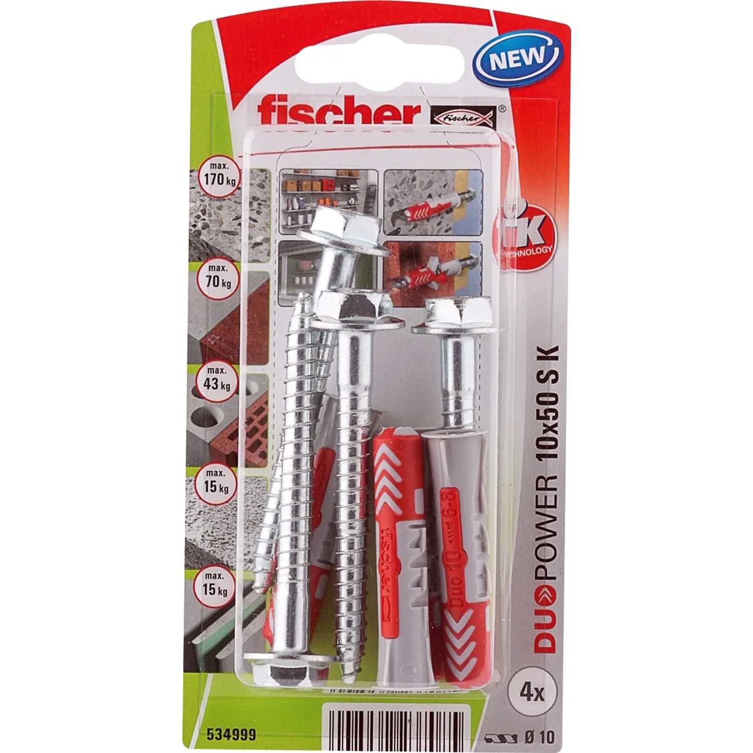 Kołki Fischer Duopower 10x50 S K, zestaw ze śrubami, odpowiednie do różnych materiałów budowlanych.