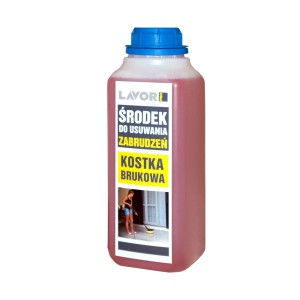 Środek do czyszczenia kostki brukowej w plastikowej butelce z niebieską zakrętką.