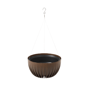 Brązowa doniczka wisząca t.b.t. do roślin, z zawieszeniem.