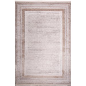 Nowoczesny beżowy dywan z krótkim włosiem i prostokątnym wzorem.