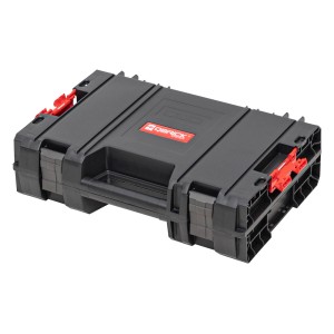 Czarna skrzynka narzędziowa t.b.t. z czerwonymi zatrzaskami.