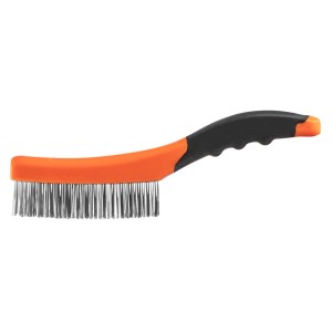 Szczotka druciana z pomarańczową rączką i czarnymi detalami do wiertarek.