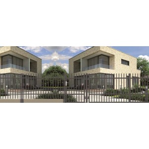 Metalowe ogrodzenie przed dwoma nowoczesnymi domami. Kategoria: Ogrodzenia metalowe.