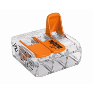 Złączka WAGO 221, przezroczysta z pomarańczowymi dźwigniami do kabli do 2,5 mm².