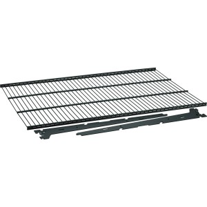 Czarna metalowa półka z siatki drucianej (60x43x7,2 cm) z dwoma wspornikami do montażu na ścianie. Idealna do organizacji szafy.